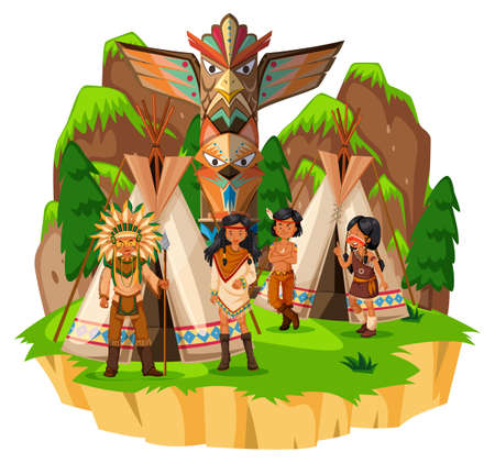 Native american indians at their tents illustrationのイラスト素材