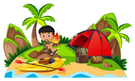 Little boy camping out on island illustrationのイラスト素材