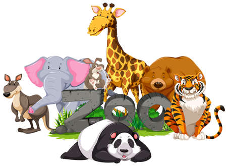Wild animals around the zoo sign illustrationのイラスト素材