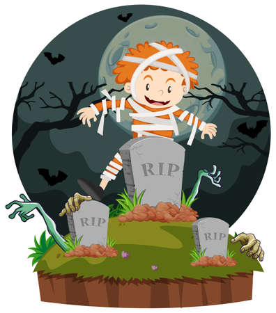 Boy dresses in mummy for halloween illustrationのイラスト素材