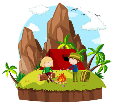 People camping out in the mountain illustrationのイラスト素材