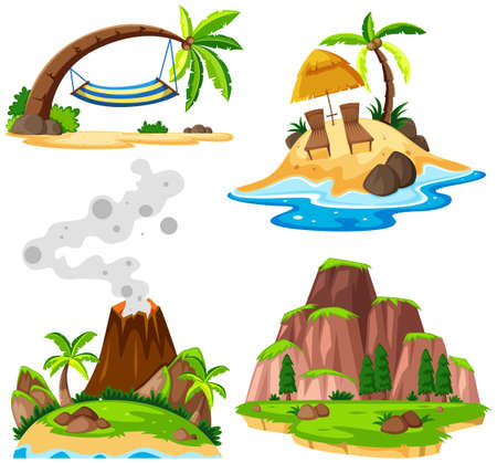 Four scenes of island and beach illustrationのイラスト素材