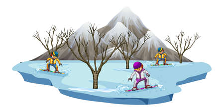 Three men snowboarding in snow field illustrationのイラスト素材
