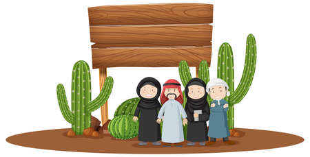 Wooden sign with arab people under illustrationのイラスト素材