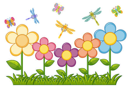 Butterflies and dragonflies in flower garden illustrationのイラスト素材