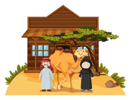 Two arab people and camel at home illustrationのイラスト素材