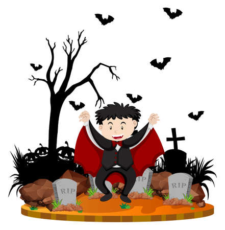 Graveyard scene with vampire and bats illustrationのイラスト素材