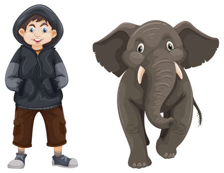 Boy and baby elephant illustrationのイラスト素材