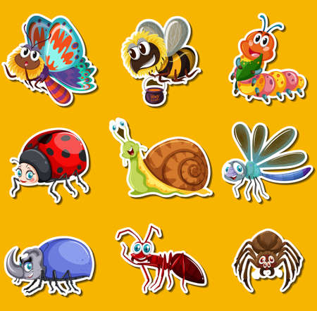 Sticker set with many insects on yellow background illustration.のイラスト素材