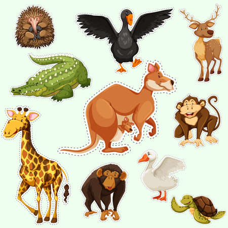 Sticker design with animals on green  illustration.のイラスト素材