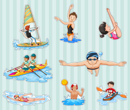 Sticker set with athletes doing sports illustration.のイラスト素材