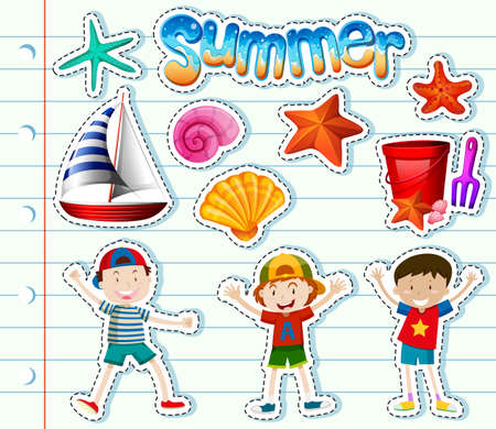 Sticker set with kids and summer items illustration.のイラスト素材