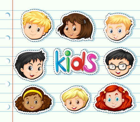 Sticker set with children faces illustration.のイラスト素材
