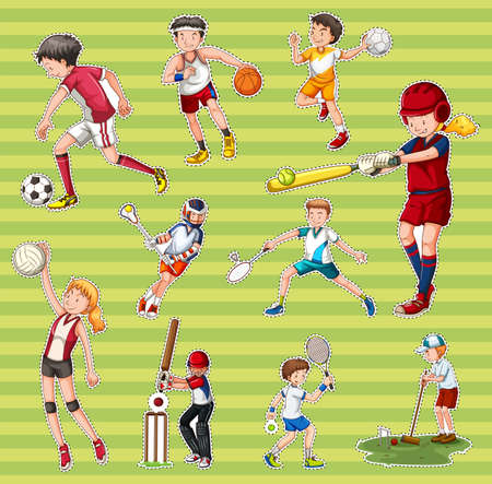 Sticker set with people playing different types of sports illustrationのイラスト素材