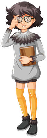 Girl wearing glasses and holding book illustrationのイラスト素材