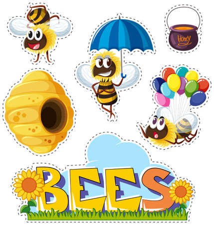 Sticker design with bees and beehive illustration.のイラスト素材