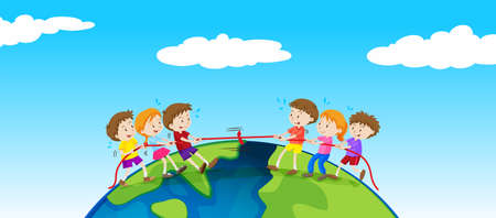 Children playing tug of war on earth illustration.のイラスト素材