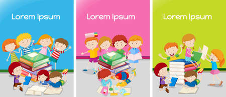 Three classrooms with students learning illustrationのイラスト素材