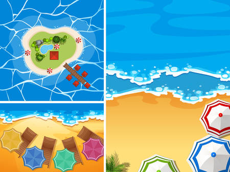 Ocean scenes with umbrellas on beach illustration.のイラスト素材