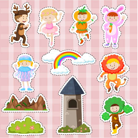 Sticker design with kids in costume and stage scenes illustrationのイラスト素材