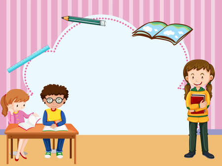 Border template with kids learning in classroom illustration.のイラスト素材