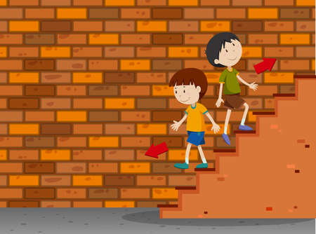 Boys walking up and down the stairs illustration.のイラスト素材