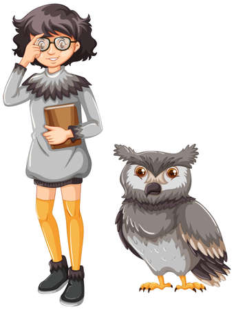 Girl in gray outfit and cute owl illustration.のイラスト素材