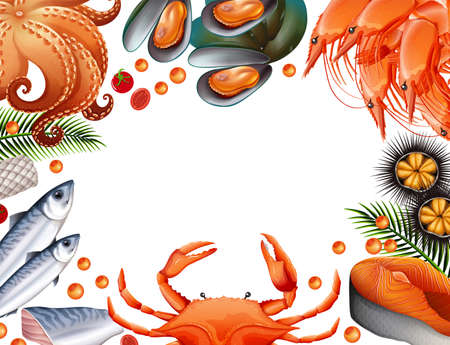 Border template with different kinds of seafood illustration.のイラスト素材