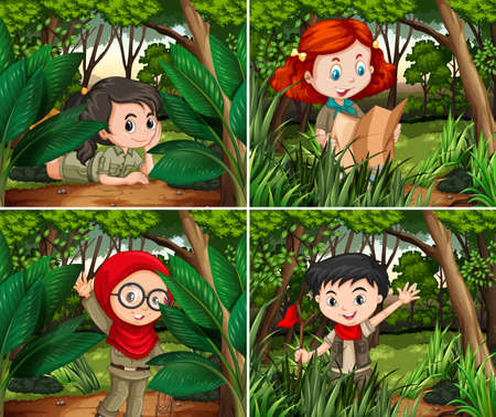 Cute girls camping in forest illustration.のイラスト素材