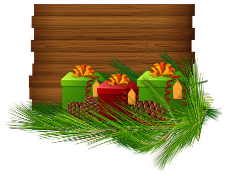 Wooden board with presents and leaves illustration.のイラスト素材
