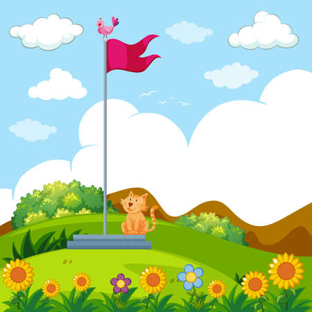 Little cat sitting under the red flag pole illustration.のイラスト素材