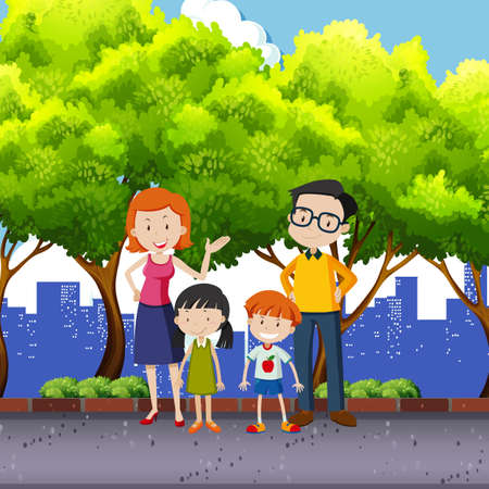 Family members standing in the park illustration.のイラスト素材