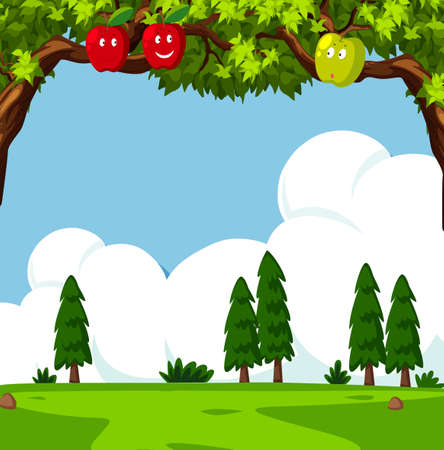 Scene with apple trees and green field illustration.のイラスト素材
