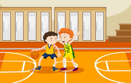 Two boys playing basketball in the gym illustration.のイラスト素材