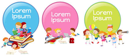 Label designs with children reading and playing illustration.のイラスト素材