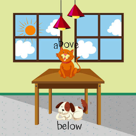 Opposite words for above and below with cat and dog in the room illustration.のイラスト素材