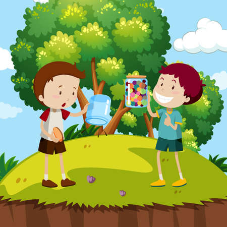 Two boys with colorful marbles in the park illustration.のイラスト素材