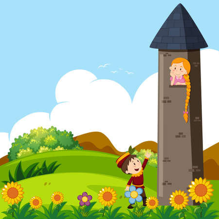 Prince and princess in the tower illustration.のイラスト素材