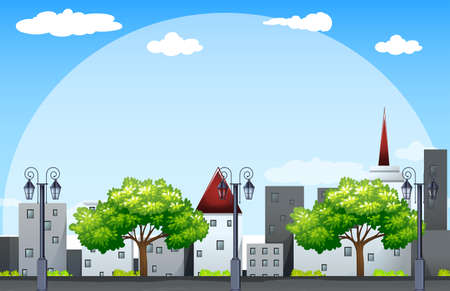 Scene with buildings along the street illustrationのイラスト素材