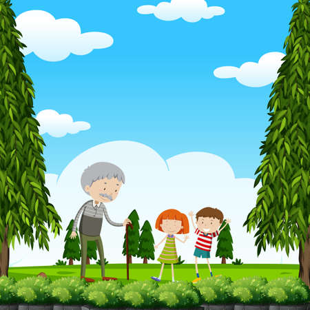 Grandfather and kids in the park illustration.のイラスト素材
