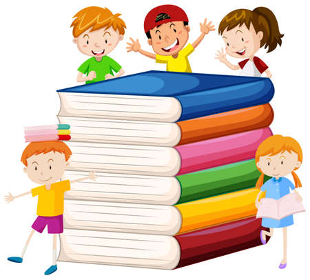 Big books and happy children illustration.のイラスト素材