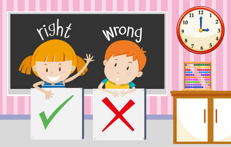 Boy and girl with right and wrong sign in classroom illustration.のイラスト素材