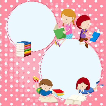 Border template with many children reading books illustration.のイラスト素材