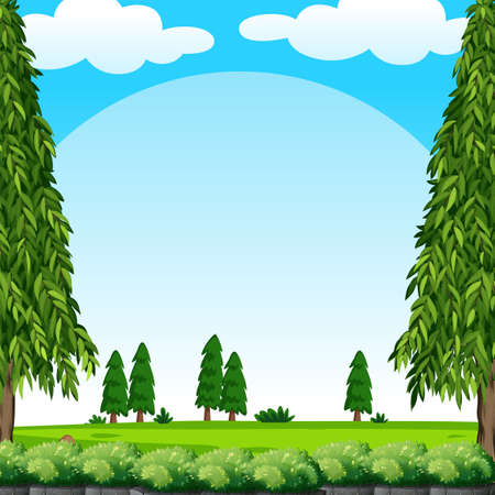 Scene with green lawn and pine trees illustration.のイラスト素材