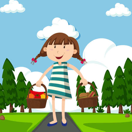 Happy girl with baskets full of food in park illustration.のイラスト素材