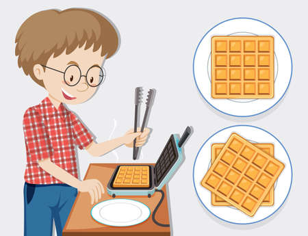 Man making waffle with waffle maker illustrationのイラスト素材