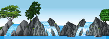 Three small waterfalls and big lake illustrationのイラスト素材