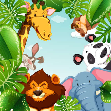 Wild animals and leaves around the border illustrationのイラスト素材