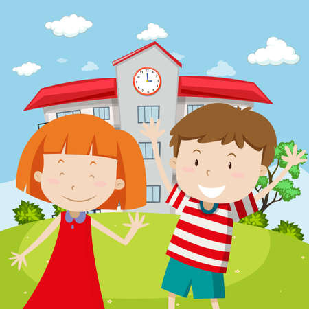 School scene with two happy kids illustrationのイラスト素材