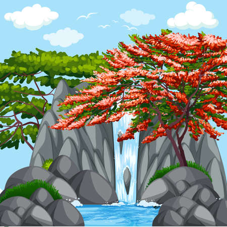 A Background scene with trees at waterfall illustrationのイラスト素材